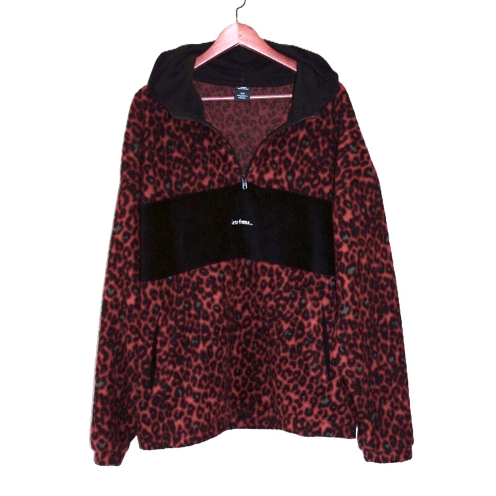 URBAN OUTFITTERS Iets Frans Unisex Fleece Hoodie in Burgundy Leopard Print
